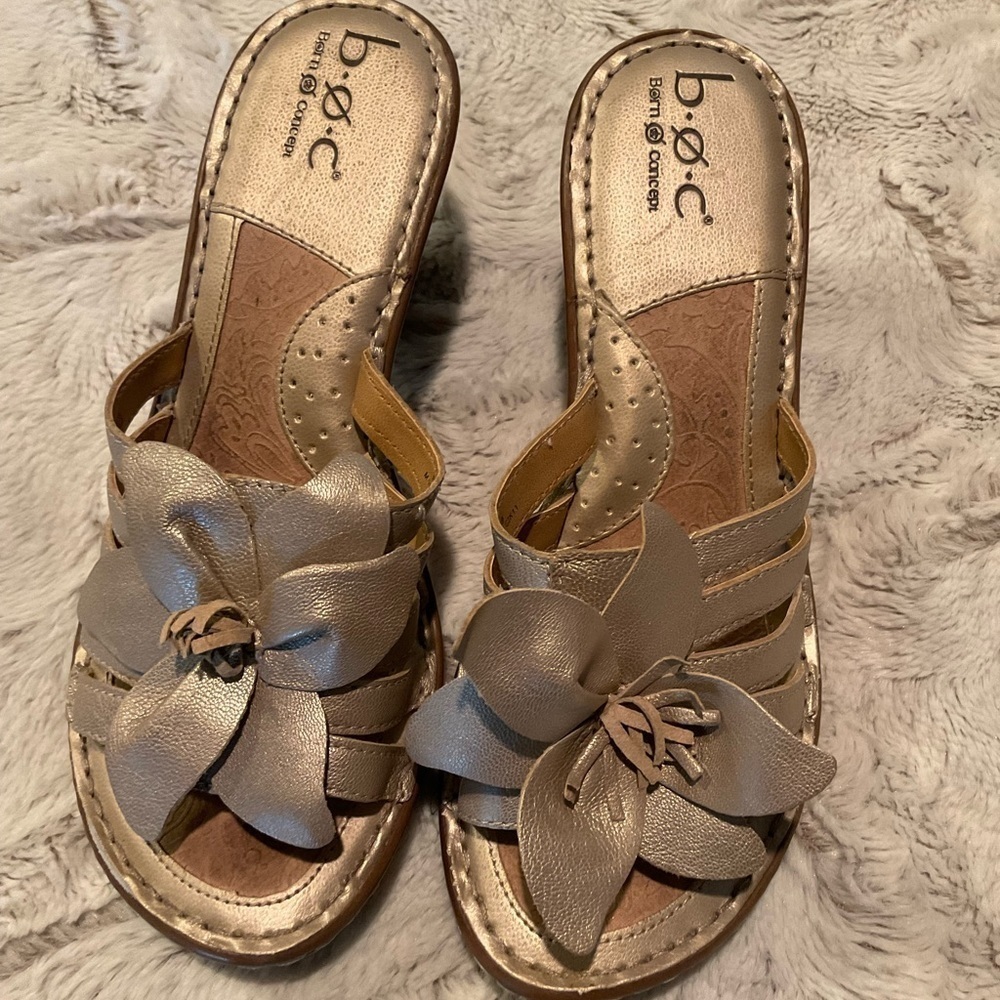 B.O.C. gold leather Mules with Heel.  Floral Embellishment  Size